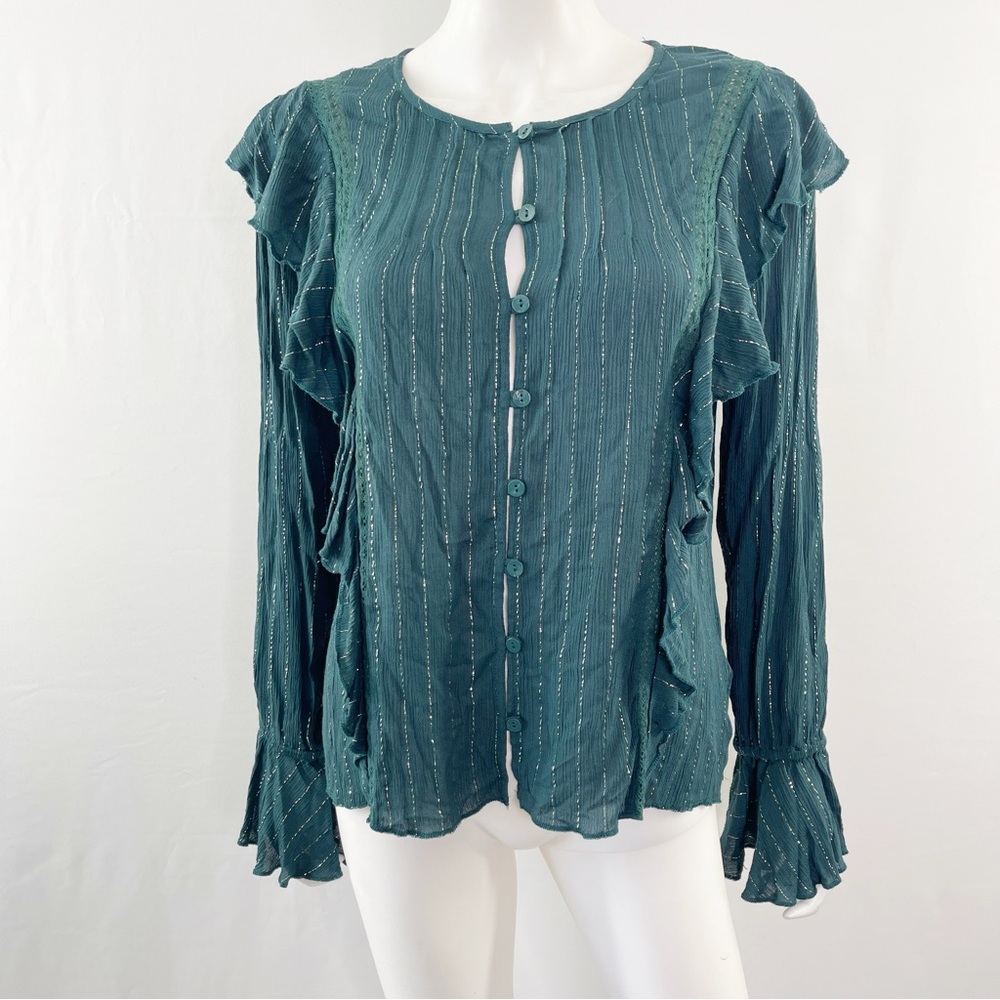 Cleobella Dark Green Long Sleeve Metallic Striped Ruffle Blouse Size M